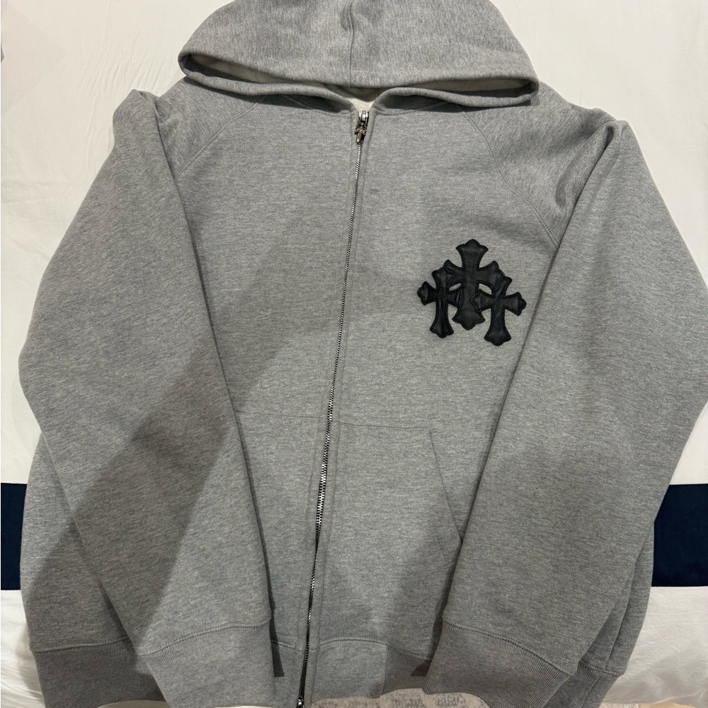 Chrome Hearts Gray Zip-Up Sweater with Black Cross